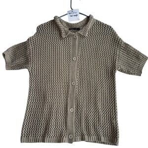 Tamulily Short Sleeve Mesh Knit Button Front Cardigan Sweater Beige Medium